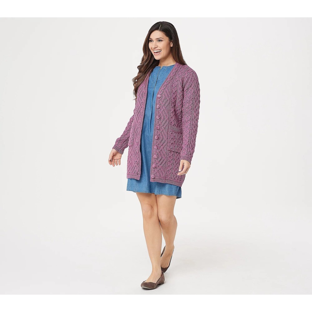 Aran Craft Merino Wool Long Boyfriend Button Front Cardigan Purple Ireland M